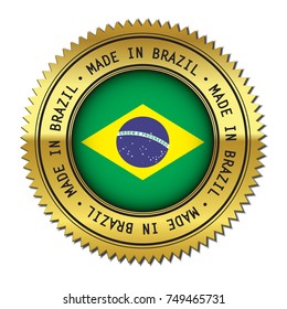 Made in Brazil golden badge with the flag symbol of Brazilian flag in the center. Vector illustration isolated on white background.