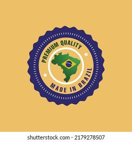 Made in Brazil label is round shape badge, sticker for products labeling. Design is simple, a flag like map is placed in center of round shape. Brazil is rich in tea, good in Football. Stamp, Seal