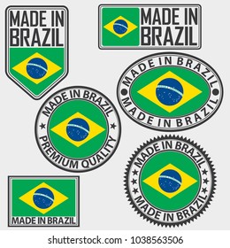 Made in Brazil label set with flag, vector illustration