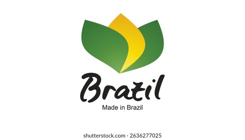 Made in Brazil logo, sticker. Abstract Brazil flag and ribbon in shape of leaf flower with handwritten typography lettering