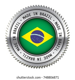 Made in Brazil metal silver stamp with the flag symbol of Brazilian flag in the center. Vector illustration isolated on white background.