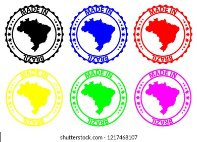 Made in Brazil - rubber stamp - vector, Brazil map pattern - black, blue, green, yellow, purple and red