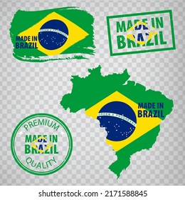 Made in Brazil rubber stamps icon isolated on transparent background. Manufactured or Produced in Brazil.  Map of  Brazil. Set of grunge rubber stamps. EPS10.