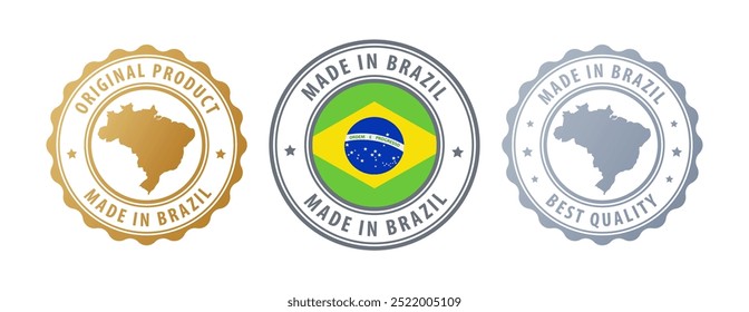 Feito no Brasil - conjunto de selos com mapa e bandeira. Melhor qualidade. Produto original. Ilustração vetorial