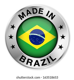 Made in Brazil silver badge and icon with central glossy Brazilian flag symbol and stars. Vector EPS10 illustration isolated on white background.