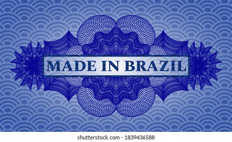 Made in Brazil text inside Linear blue japanese pattern realistic badge. Geometric luxurious background. Vector illustration. 