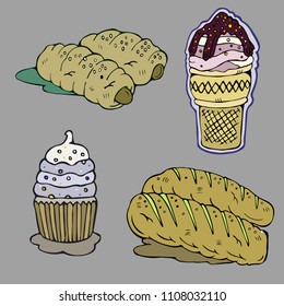 made bread ice cream and cupcake colorful illustration.friendly kids .hand drawing vector style.sweet and smooth soft shape