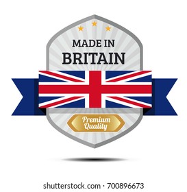 Made in Britain, British Flag.Vector emblem with Britain flag, ribbon and rays.