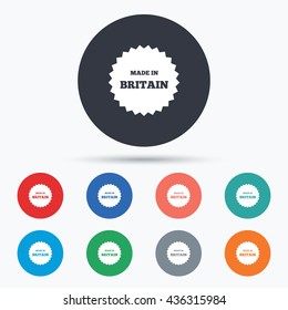 Made in Britain icon. Export production symbol. Product created in UK sign. Circle buttons with icons. Vector