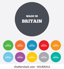 Made in Britain icon. Export production symbol. Product created in UK sign. Round colourful 11 buttons. Vector
