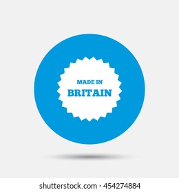 Made in Britain icon. Export production symbol. Product created in UK sign. Blue circle button with icon. Vector