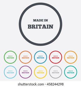 Made in Britain icon. Export production symbol. Product created in UK sign. Round circle buttons with frame. Vector