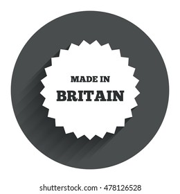 Made in Britain icon. Export production symbol. Product created in UK sign. Circle flat button with shadow. Modern UI website navigation. Vector