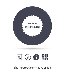 Made in Britain icon. Export production symbol. Product created in UK sign. Report document, information and check tick icons. Currency exchange. Vector
