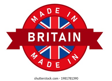 Made in Britain UK United Kingdom england label stamp for product manufactured by company seal golden ribbon and flag
