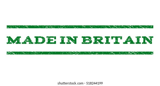 Made In Britain watermark stamp. Text caption between horizontal parallel lines with grunge design style. Rubber seal stamp with scratched texture.