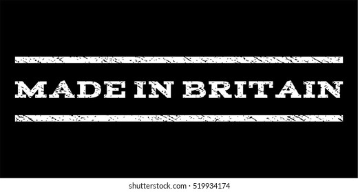 Made In Britain watermark stamp. Text caption between horizontal parallel lines with grunge design style. Rubber seal stamp with dirty texture. Vector white color ink imprint on a black background.