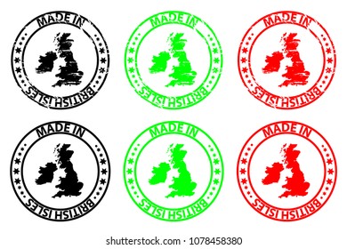 Made in British Isles - rubber stamp - vector, British Isles map pattern - black, green and red