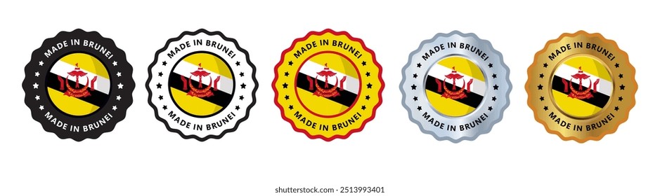 Made in brunei set of sign stamp badge, with varian color yellow, silver, gold, black suitable for products manufactured, military, agriculture or food vector illustration eps editable text