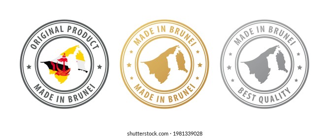 Hecho en Brunéi - conjunto de sellos con mapa y bandera. La mejor calidad. Producto original. Ilustración del vector