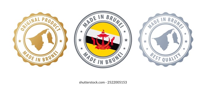 Made in Brunei - set of stamps with map and flag. Best quality. Original product. Vector illustration