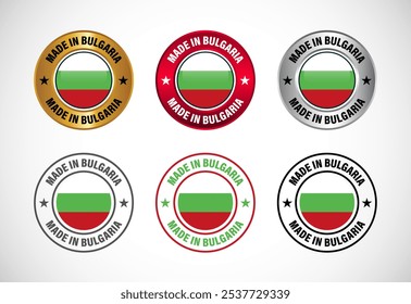 Made in Bulgaria Label-Symbol mit Flagge. Symbolsatz für Unternehmen, Plakette, Siegel, Aufkleber, Logo und Symbol