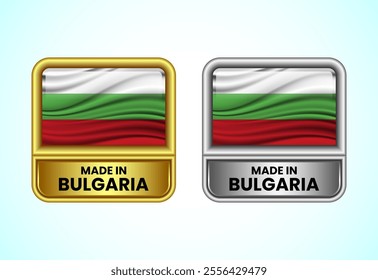 Made in Bulgaria label icon in gold and silver color. Flag icon set for business