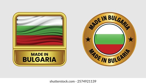 Made in Bulgaria label icon set in gold color, featuring both rectangular and circular designs. Includes the bulgaria flag icon, ideal for business and product branding