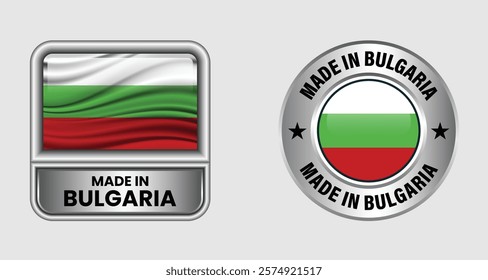 Made in Bulgaria label icon set in gold color, featuring both rectangular and circular designs. Includes the Bulgaria flag icon, ideal for business and product branding