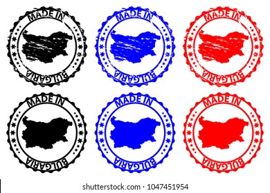 Made in Bulgaria - rubber stamp - vector, Bulgaria map pattern - black,blue and red