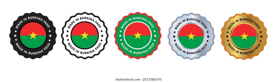 Made in burkina faso set of sign stamp badge, with varian color green red, silver, gold, black suitable for products manufactured, military, agriculture or food vector illustration eps editable text