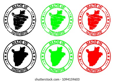 Made in Burundi - rubber stamp - vector, Burundi map pattern - black, green and red