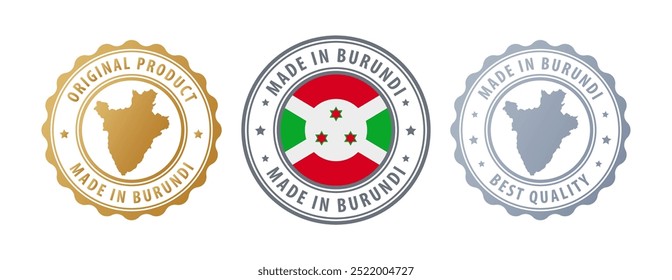 Feito no Burundi - conjunto de selos com mapa e bandeira. Melhor qualidade. Produto original. Ilustração vetorial