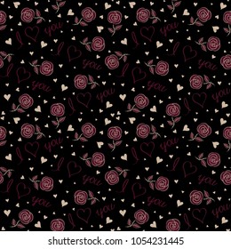 Made by a happy child at school. Vector seamless pattern conceptual painted many hearts, love text, letter, rose flower in black, brown and beige colors.