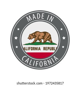 Made in California icon. Gray stamp with a round state flag.