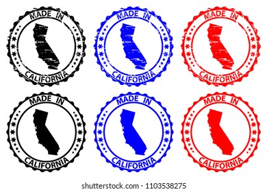 Made in California - rubber stamp - vector, California (United States of America) map pattern - black, blue and red
