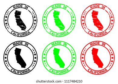 Made in California - rubber stamp - vector, California (United States of America) map pattern - black, green and red