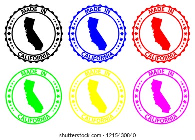 Made in California - rubber stamp - vector, California (United States of America) map pattern - black, blue, green, yellow, purple and red