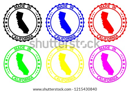 Made in California - rubber stamp - vector, California (United States of America) map pattern - black, blue, green, yellow, purple and red
