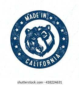 Made in California Stamp Design. Distressed Textured Effect. Retro Vintage Vector Illustration. Grizzly Bear Muzzle.