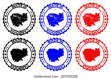 Made in Cambodia - rubber stamp - vector, Cambodia map pattern - black, blue and red