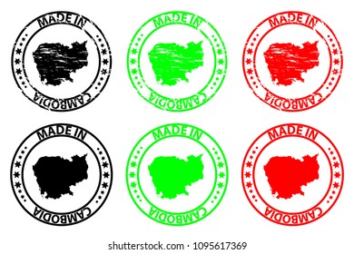 Made in Cambodia - rubber stamp - vector, Cambodia map pattern - black, green and red