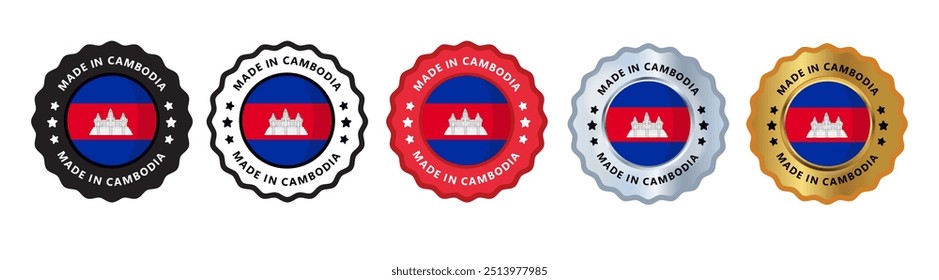 Made in cambodia set of sign stamp badge, with varian color red, silver, gold, black suitable for products manufactured, military, agriculture or food vector illustration eps editable text