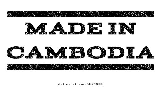 Made In Cambodia watermark stamp. Text tag between horizontal parallel lines with grunge design style. Rubber seal stamp with unclean texture. Vector black color ink imprint on a white background.