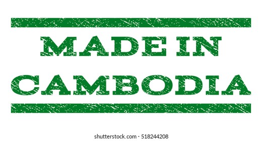 Made In Cambodia watermark stamp. Text tag between horizontal parallel lines with grunge design style. Rubber seal stamp with unclean texture. Vector green color ink imprint on a white background.