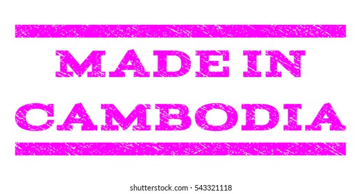 Made In Cambodia watermark stamp. Text caption between horizontal parallel lines with grunge design style. Rubber seal stamp with dirty texture. Vector magenta color ink imprint on a white background.