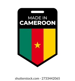Made in Cameroon Badge Label with Cameroon Flag Design. Ideal for product packaging, branding, quality labels, fashion, manufacturing, and premium product identity.