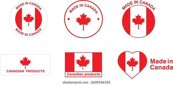 Made in Canada badge icons set. Heart and rouns shapes isolated stickers for Canadian products.