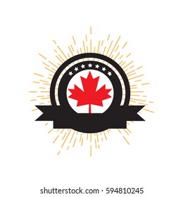 Made in Canada banner, flag red maple leaf.