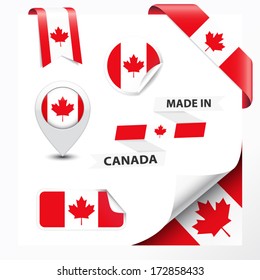 Made in Canada collection of ribbon, label, stickers, pointer, badge, icon and page curl with Canadian flag symbol on design element. Vector EPS10 illustration isolated on white background.